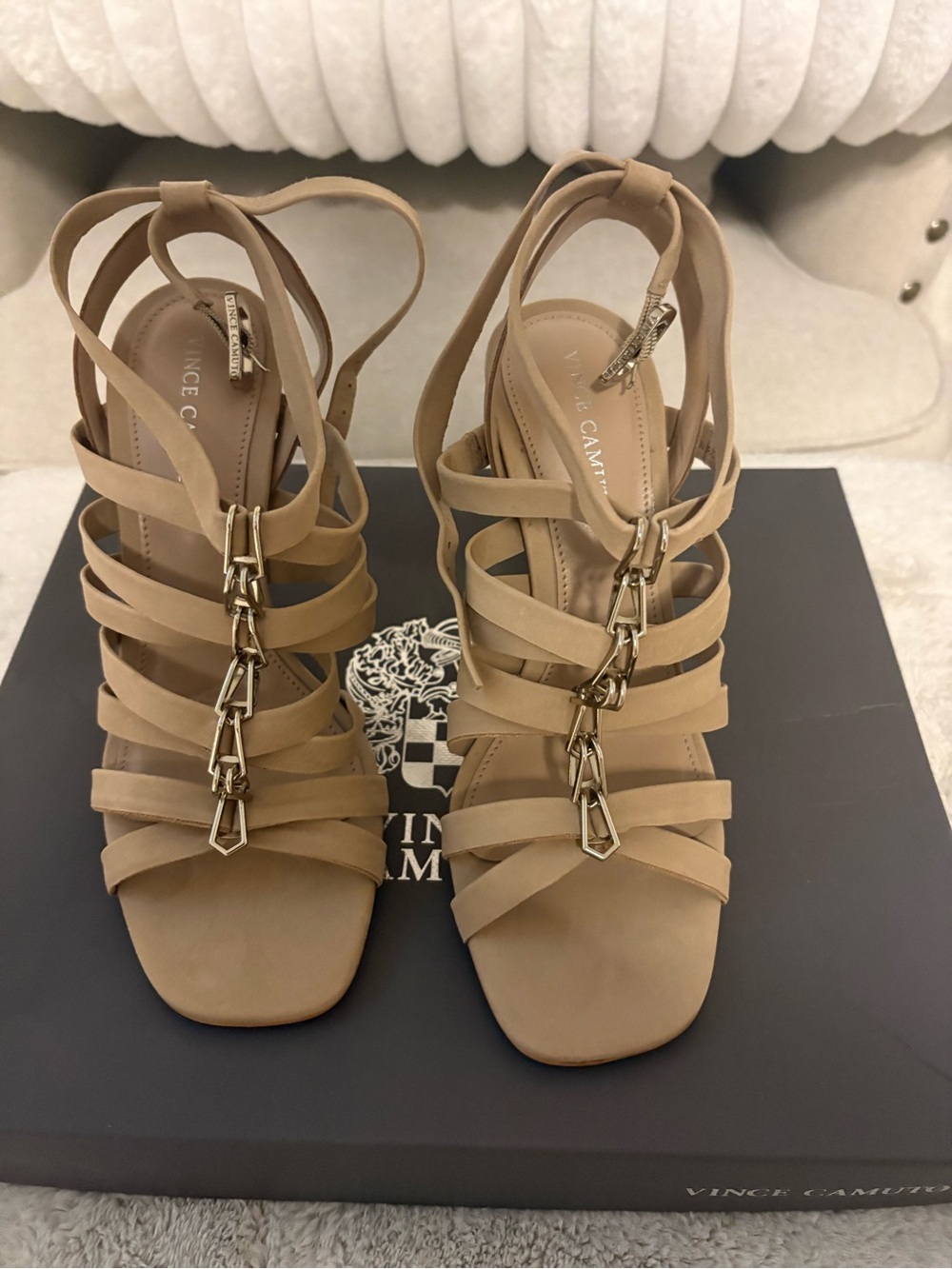 Vince Camuto Beige Strappy Heels with Chain Accent